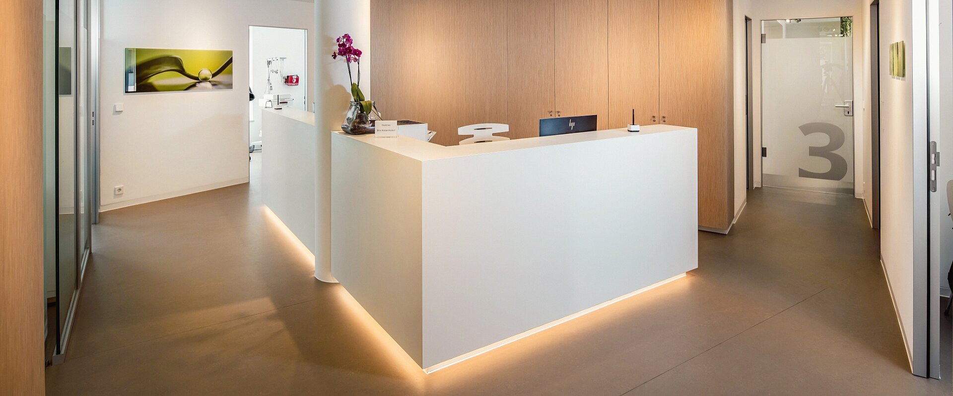 Blick in den Wartebereich der Hausarztpraxis Käfertal Bilck in den Wartebereich einer Praxis mit grünen und hölzernen Stühlen und einer Fototapete mit Birken